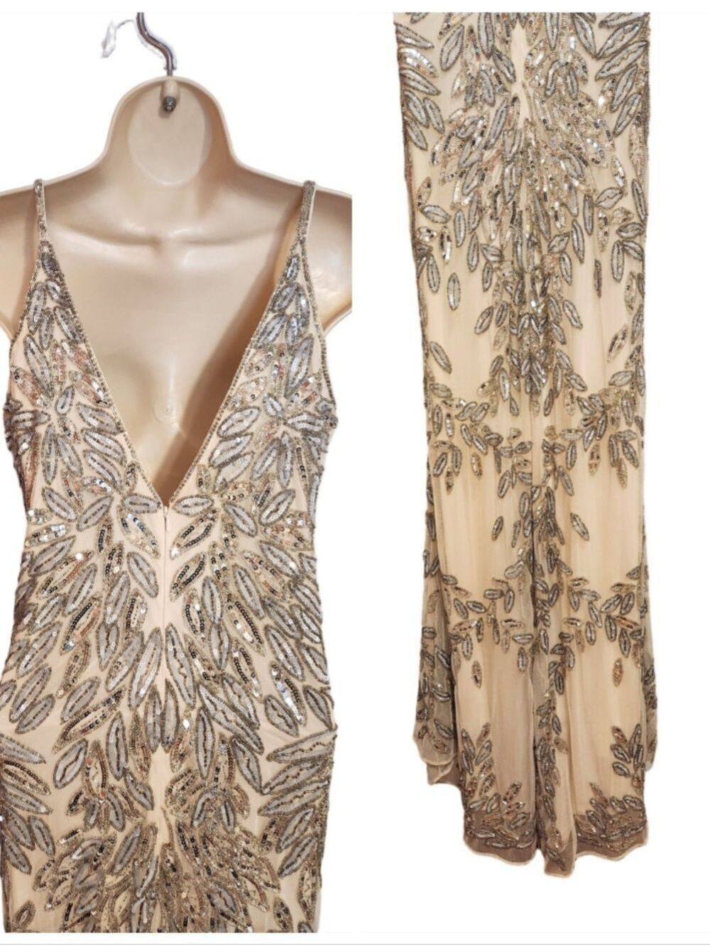 Mac Duggal Silver Gold Beaded Leaf Sequin Illusion V-Neck Gown Dress Size 10 - Picture 4 of 10